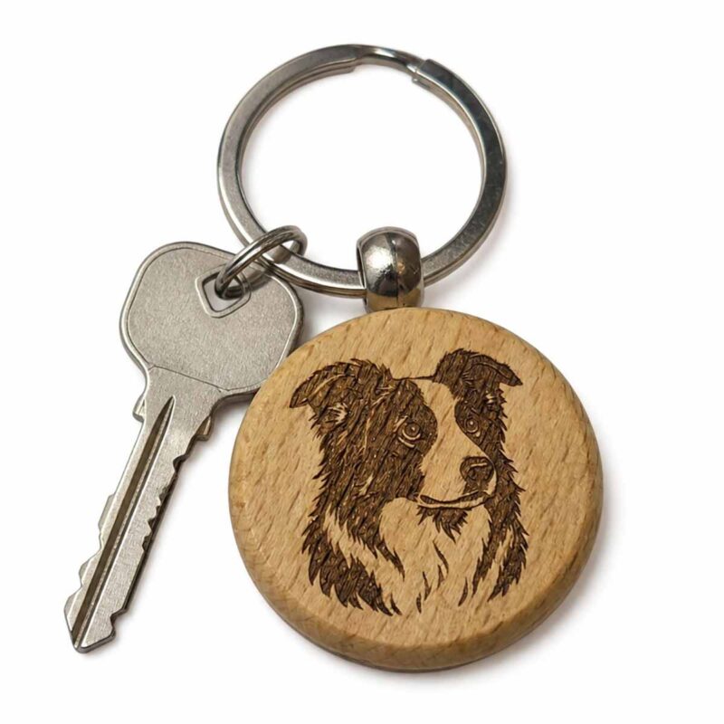 Schlüsselanhänger Holz rund – Langhaar Border Collie (personalisierbar)