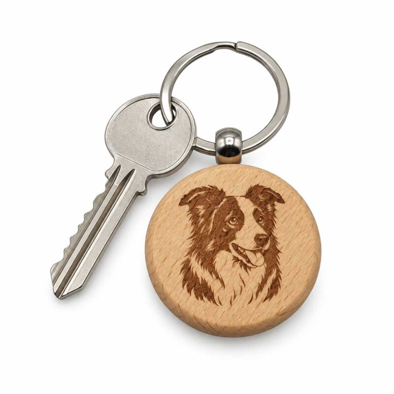 Schlüsselanhänger Holz rund – Langhaar Border Collie (personalisierbar)