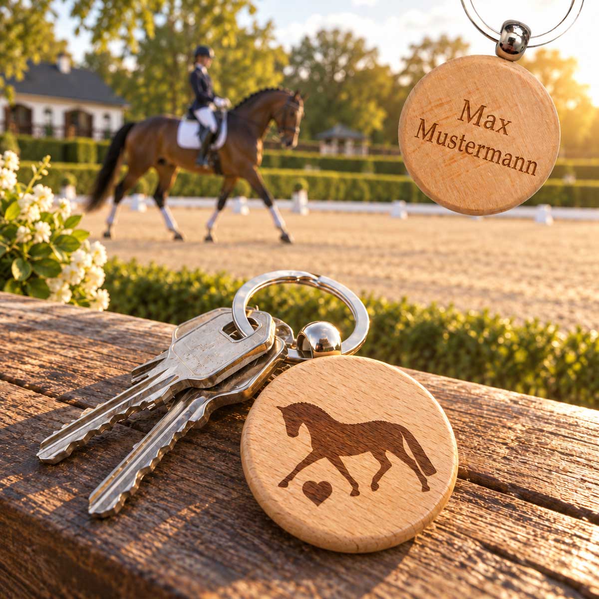 Schlüsselanhänger Holz rund – Dressurpferd mit Herz (personalisierbar)