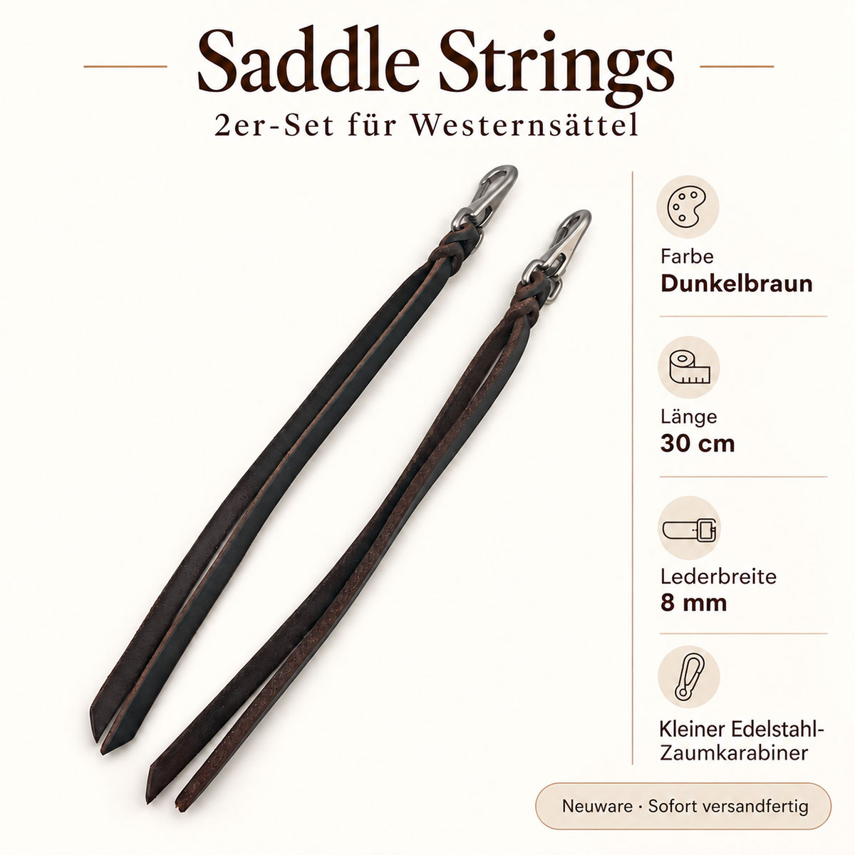 DIREKTVERKAUF - 1 Paar Saddle Strings für Westernsättel in Dunkelbraun mit kleinem Zaumkarabiner , Länge: 30 cm, Lederbreite: 8 mm