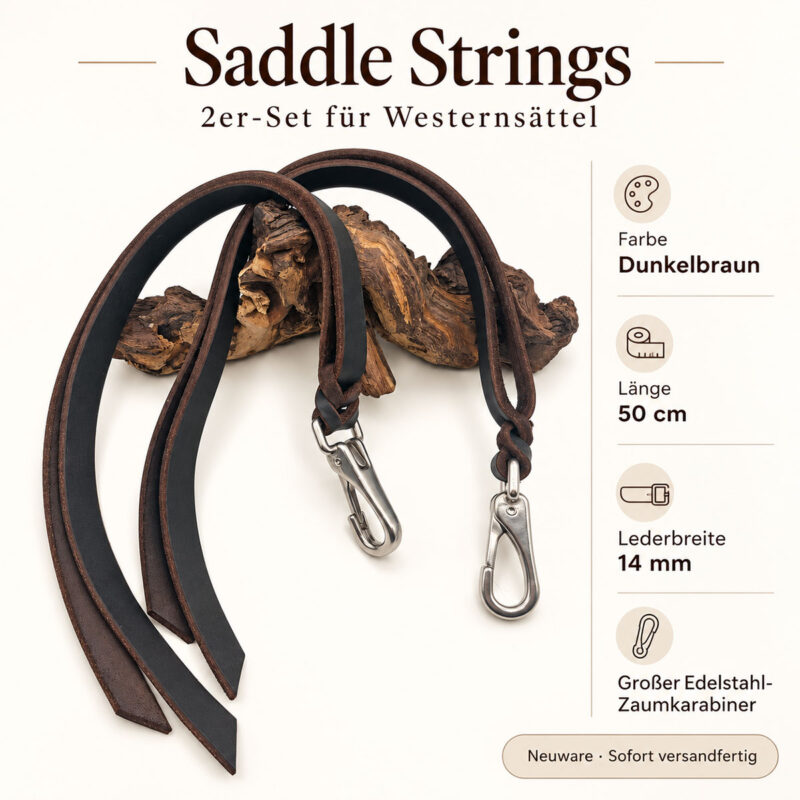 DIREKTVERKAUF - 1 Paar Saddle Strings für Westernsättel in Dunkelbraun mit großem Zaumkarabiner , Länge: 50 cm, Lederbreite: 14 mm