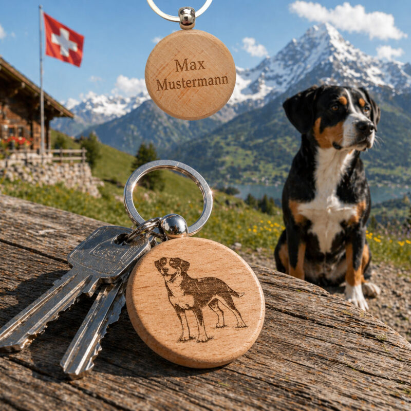 Schlüsselanhänger Holz rund – Entlebucher Sennenhund (personalisierbar)